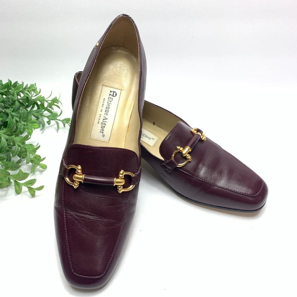 Etienne Aigner Women's Low Heel Loafers Buckle Burgundy Maroon Square Toe Size 9